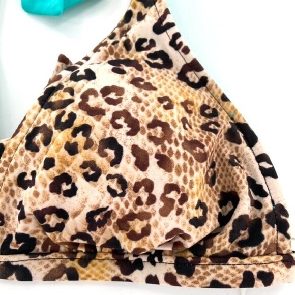Reversible Halter Tie Bikini Top Junior Sz S Tan Black Animal Print Teal FLAW - Picture 6 of 15